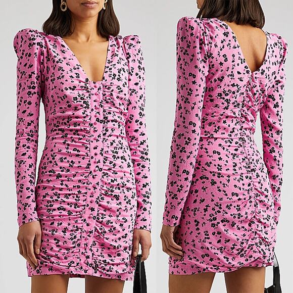 ROTATE NWT Fine Jacquard Floral Ruched Mini Dress in Pink Size 6 - Picture 3 of 16